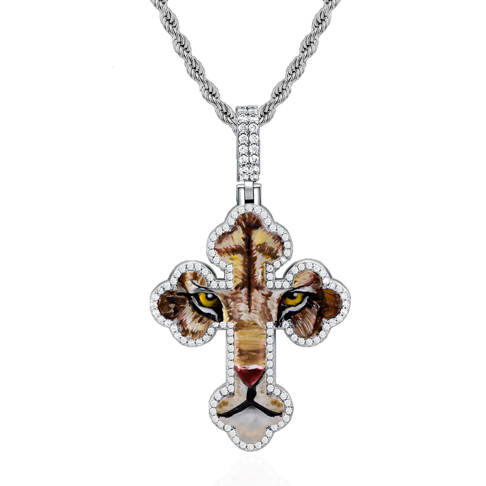Luxury Moissanite Hip Hop Cross Cheetah Pendant Diamond Inlaid Enamel Personalized Streetwear Statement Necklace
