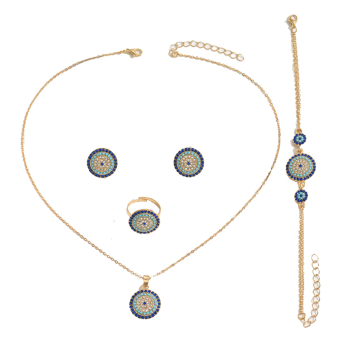 Minimalist Women's Necklace Ring Jewelry Set with Inlaid Round Bracelet and Stud Earrings Accessories