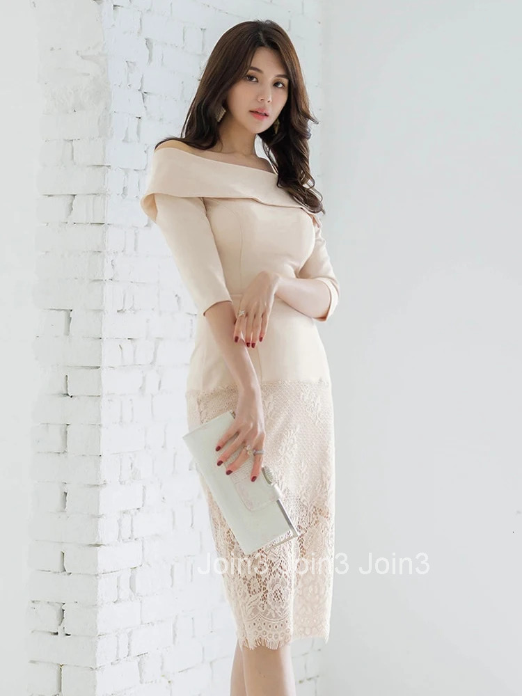Korean Fashion Summer Lace Spliced Midi Pencil Dress Women Clothes Vintage Elegant Sexy Off-Shoulder Skinny Party Prom Vestidos
