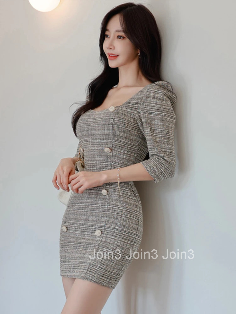 Spring Autumn Fashion Vintage Work Style Formal Pencil Short Dress Women Clothes Elegant Office Plaid Puff Sleeve Slim Vestidos