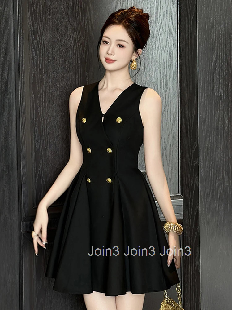 Women Clothes Black Sexy V-Neck Sleeveless Slim Mini Short A-Line Dress Fashion Party Prom Vestidos Casual Formal Occasion New