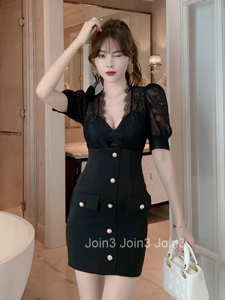New Arrival Fashion Korean Bodycon Party Dress Women Elegant Summer Sexy Perspective Lace Temperament OL Black Pencil Dress