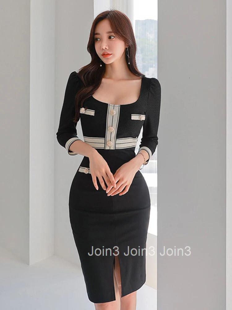 Korean Fashion Black Work Style Formal Pencil Dress Women Clothes Elegant Office Vintage Square Collar Slim Slit Midi Vestidos