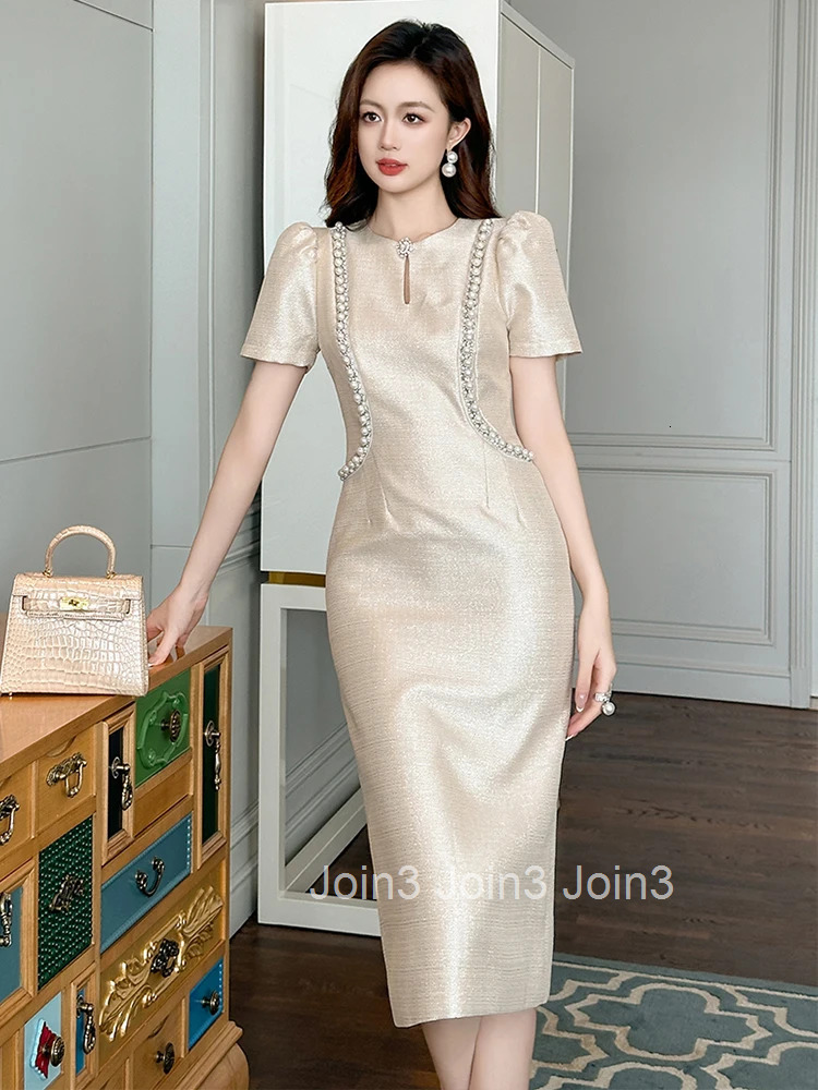 Summer Fashion Commute Formal Occasion Evening Dress Women Clothes Elegant Lady Retro Pearl Puff Sleeve Slim Midi Pencil Vestido