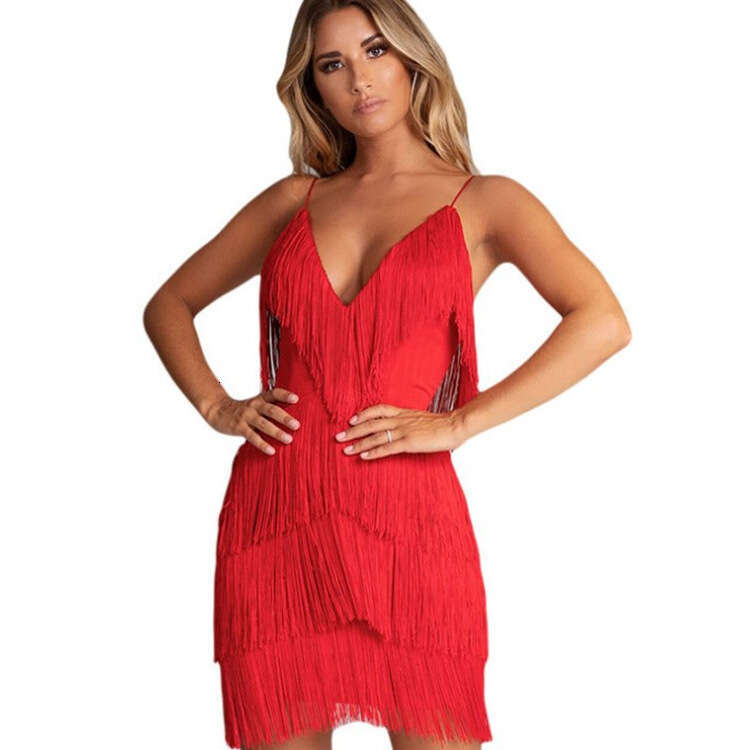 New Style European and American Sexy Outfit with Tassel Patchwork Backless Deep V-neck Dress