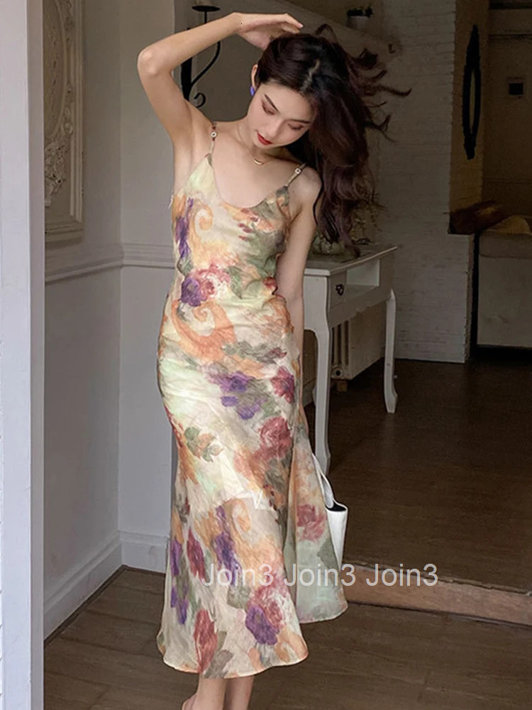 Summer Long One Piece Dress For Women Elegant Floral Sexy Strap Backless Slim Midi Party Beach Robe Femme Mujer Vestidos Street