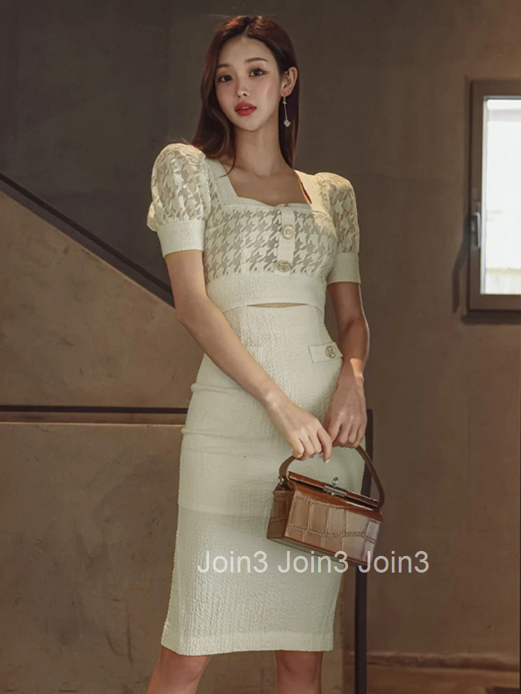 Fashion Summer Evening Dress For Women Chic Retro White Houndstooth Sexy Square Collar Slim Midi Party Mujer Vestidos Robe Femme