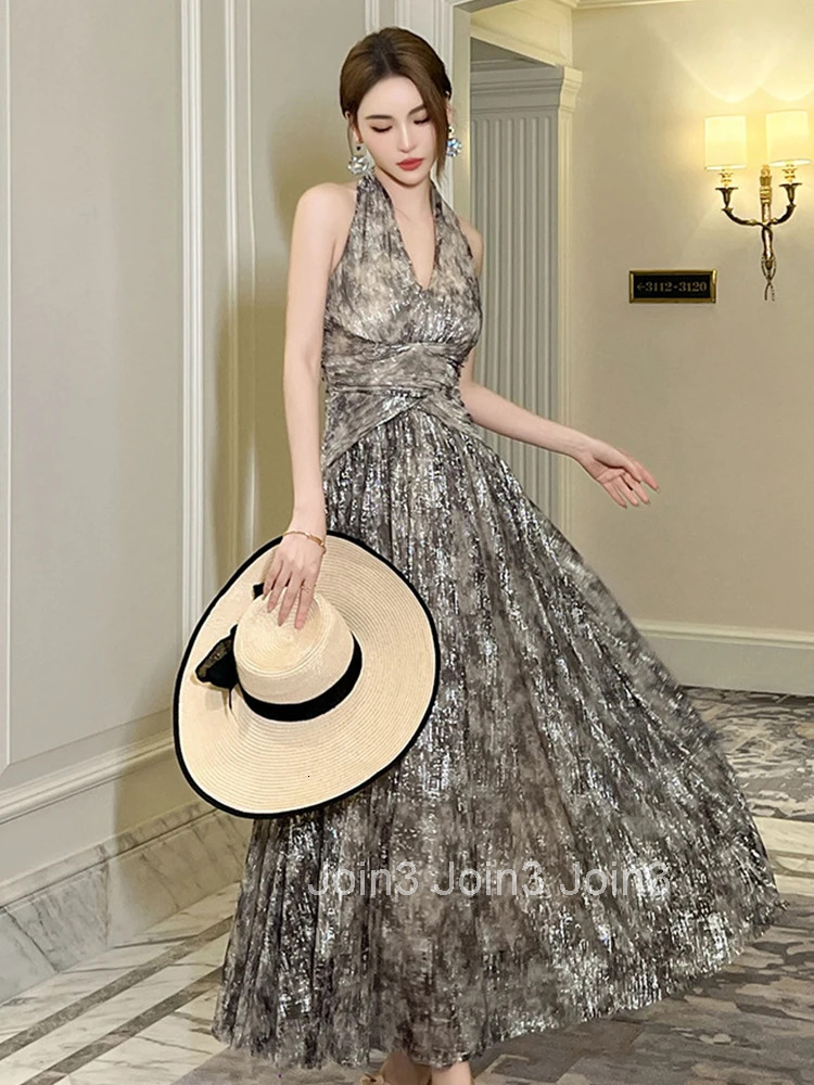 New Summer Fashion Sparkly Silvery Print Evening Dress Women Clothes Elegant Sexy Halter Slim Maxi Party Club Prom Vestidos Robe