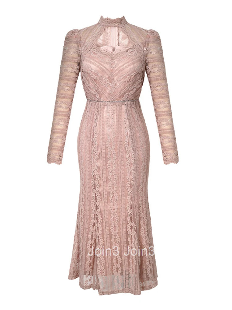 New Spring Lace Sweet Evening Long Fishtail Dresses Women Clothing Chic Sexy Hollow Slim Party Dress Robe Mujer Autumn Vestidos