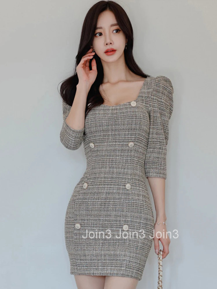 Spring Autumn Fashion Vintage Work Style Formal Pencil Short Dress Women Clothes Elegant Office Plaid Puff Sleeve Slim Vestidos