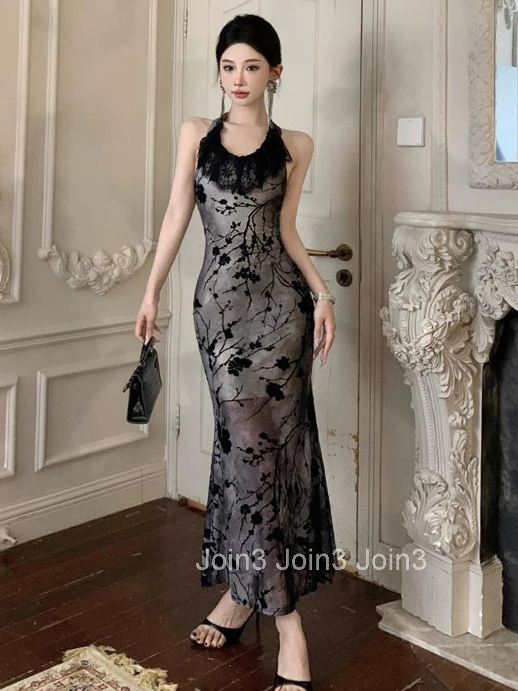 Women Clothes Retro Black Lace Ruffle Sexy Halter Backless Slim Evening Long Dress Elegant Fashion Party Prom Vestido Robe Beach