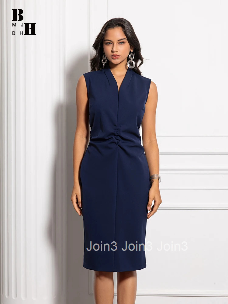 New Summer Lady Work Style Formal Occasion Solid Pencil Dress Women Clothes Elegant Office Commute Sleeveless Folds Slim Vestido