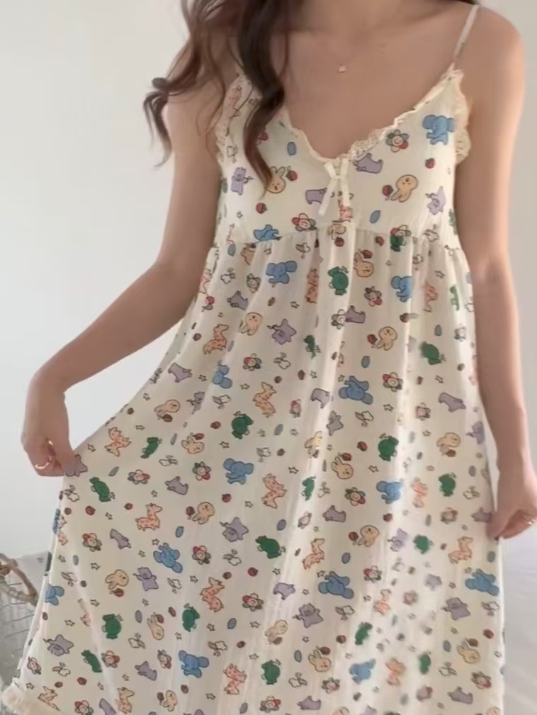 2025 women's models spring and summer sweet ins style halter mid-length loose nightgown female home dressred Patrick Spaghetti Straps hot-sale pr