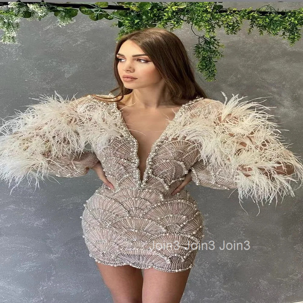 White Luxury Beaded Sequins Embroidered Feather Sleeves Sexy Low Cut Dress Banquet Party Stage Performance Short Wear for Women