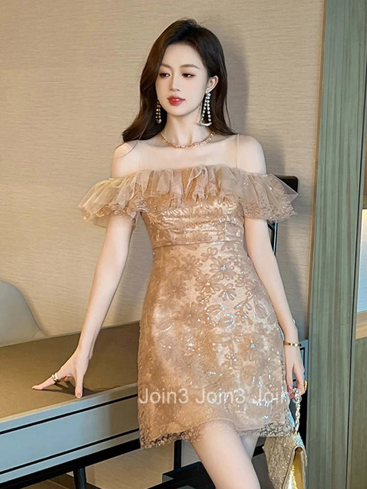 Fashion Lace Sparkly Sequin Gown Evening Dress Women Clothes Mesh Sheer Sexy Off-Shoulder Short A-Line Party Prom Vestido Fiesta