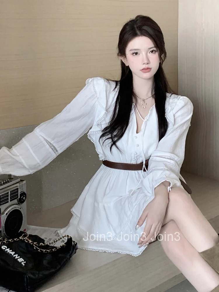 New Autumn Fashion Sweet White Ruffle V-Neck Short Dress Women Lady Casual Puff Sleeve Slim Belt A-Line Vestidos Street Clothes