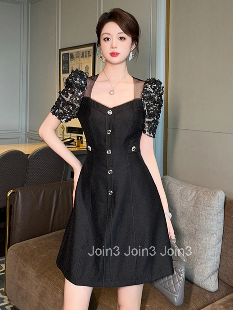 New Summer Fashion Black Retro Square Collar A-Line Short Dress Women Clothes Elegant Puff Sleeve Slim Party Prom Vestido Fiesta