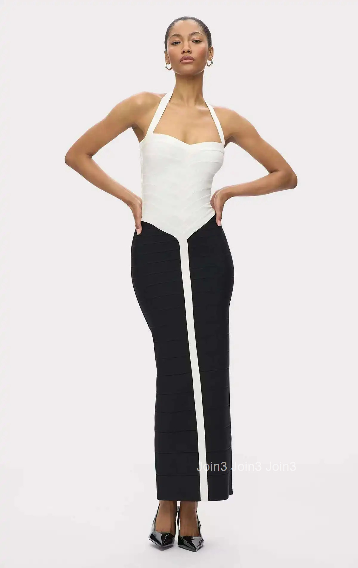 White Beige Halter Neck Bodycon Dress 2025 Elegant Formal Party Guest Dress with High Waist Two-Tone Slim Fit Evening Gown