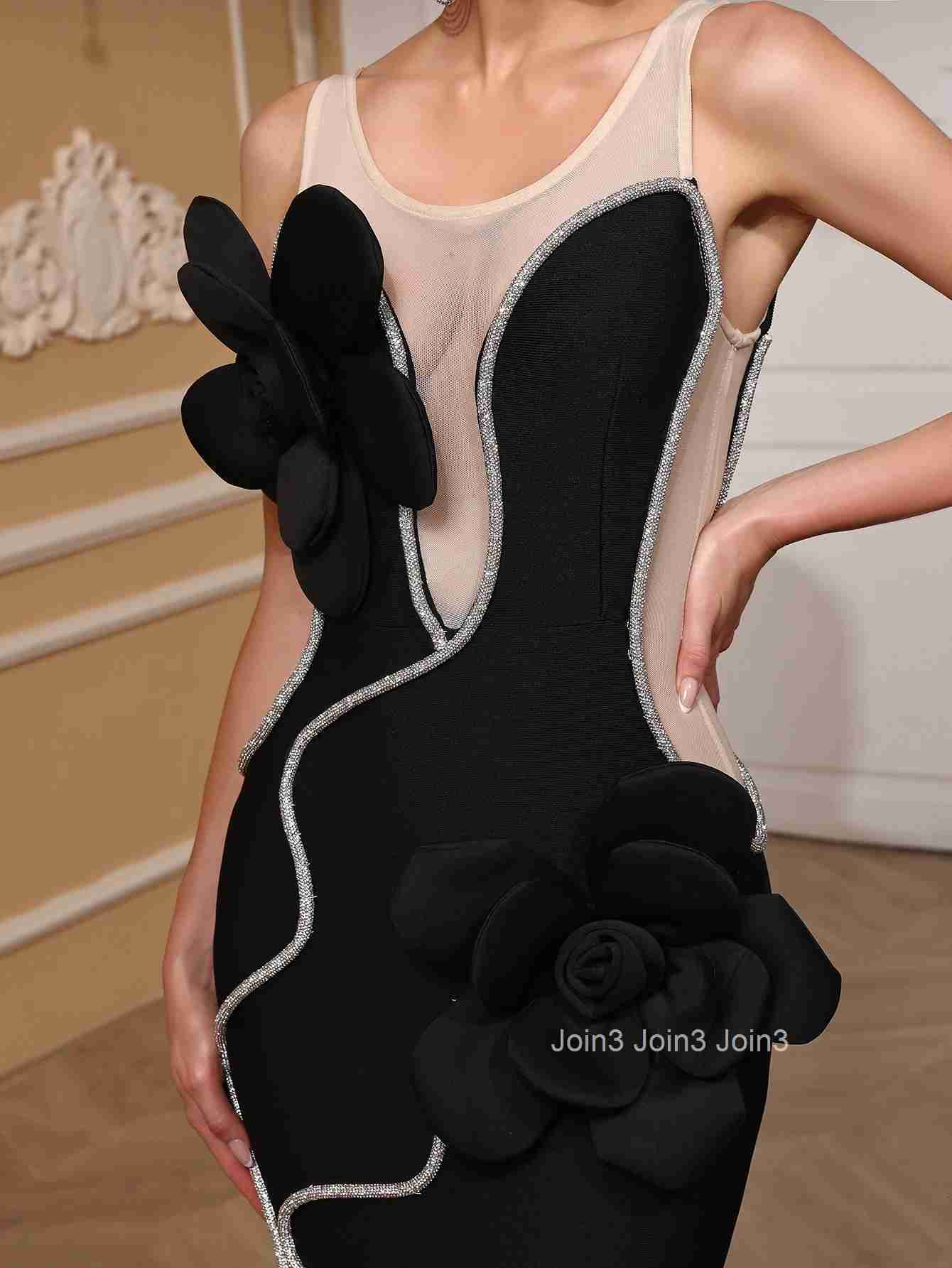 Womens Hot 2 Colour Bandage Dress 3D Floral Sheer Panel Evening Gown Sequined Slit Formal Party Wear