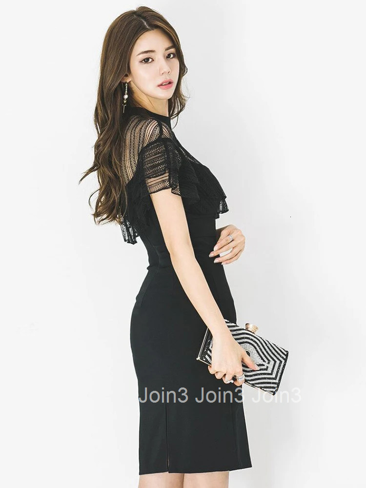 Summer Fake 2 Pieces Evening Dress For Women Elegant Lady Chic Black Lace Sheer Wrap Hip Midi Party Prom Birthday Mujer Vestidos