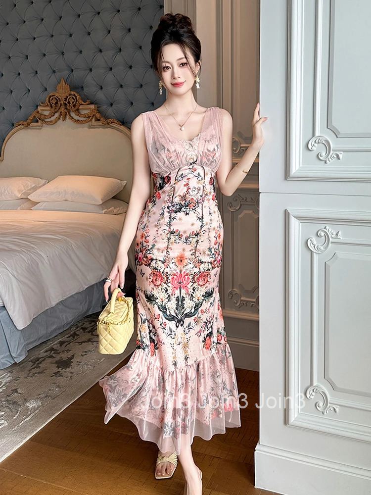 Summer Fashion Pink Floral Print Vacation Evening Dress Women Clothes Elegant Sexy Tank V-Neck Slim Long Robe Party Prom Vestido