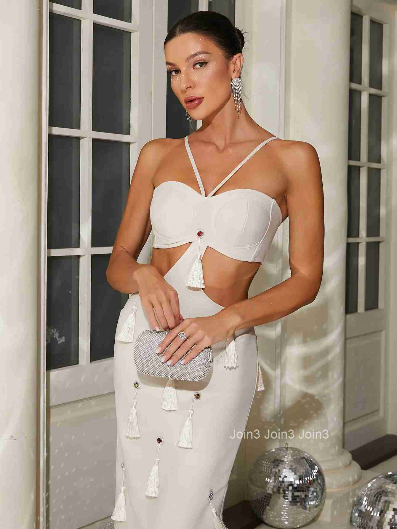 Fashion Suspender Bandage Dress With Hand Woven Tassel Design Elegant Long Vestidos Sexy Hollow Out Backless Cocktail Party Wear