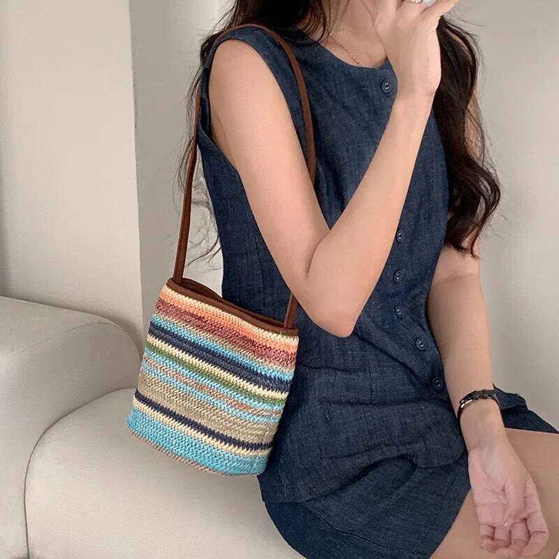 Rainbow colored crossbody for women, 2025 new vacation style grass woven bucket bag, versatile and niche shoulder bag