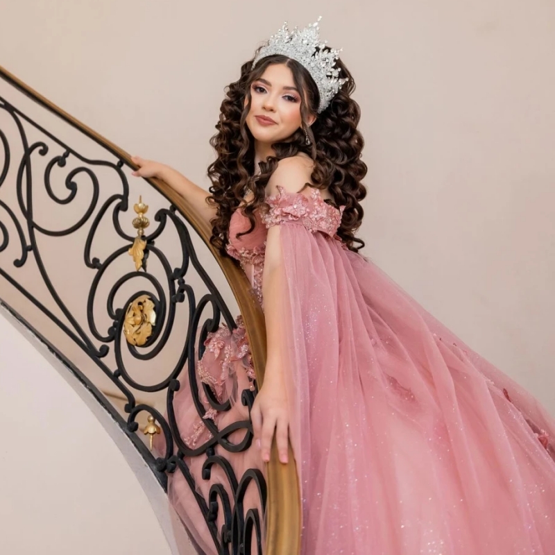 Blush Shiny Ball Gown Quinceanera Dresses Bow Beaded Crystal With Cape Tull Sweet 16 Dress Vestidos De 15 Anos