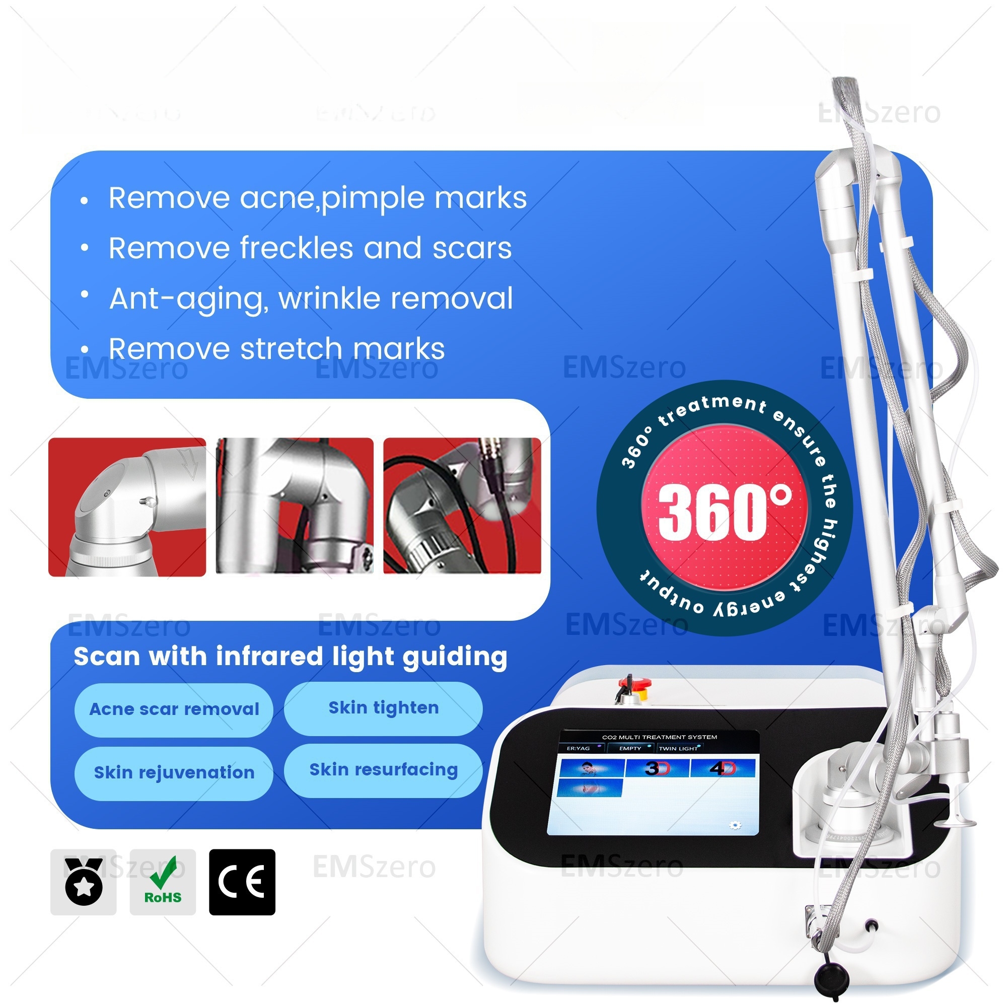 Fractional CO2 Laser Beauty Machine for Deep Skin Renewal, Acne Scar Treatment, Stretch Mark Removal and Wrinkle Reduction