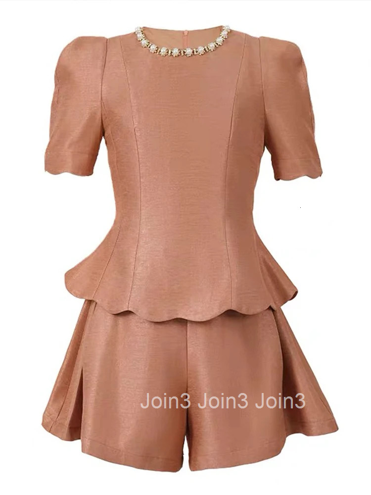 New Summer Casual 2 Pieces Outfit Women Clothes Elegant Retro Puff Sleeve Slim Tops Shirt Blouse And High Waist Shorts Mujer Set