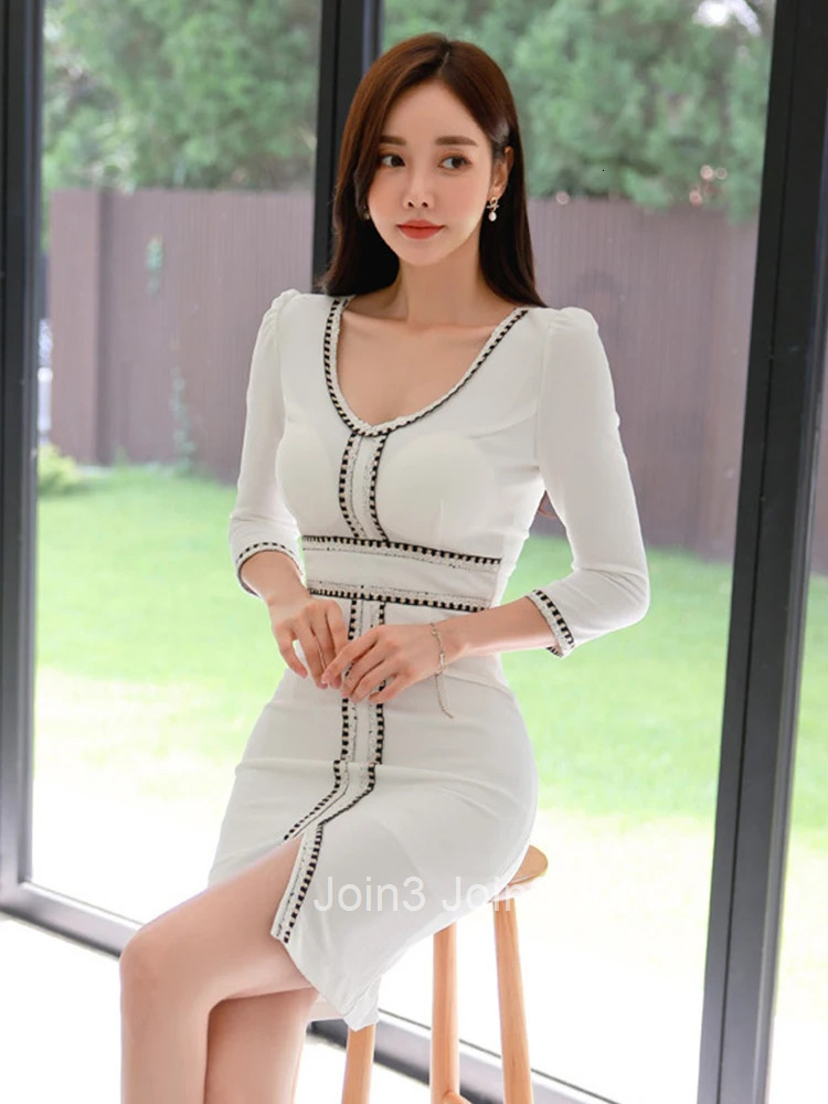 New Spring Ladies Work Style Formal Pencil Dresses Women Clothing Elegant Office Commute White V-Neck Slim Dress Mujer Vestidos