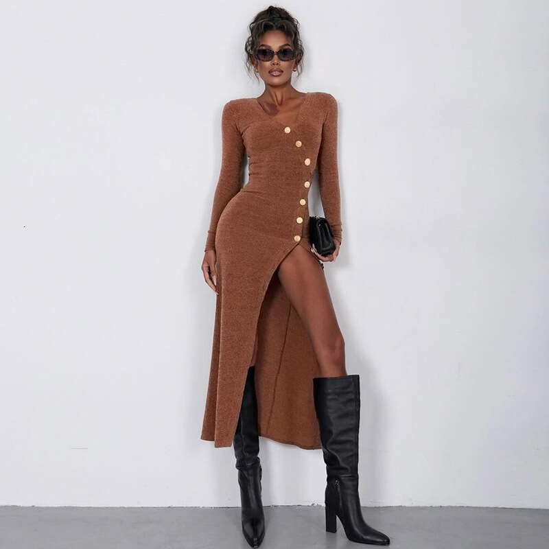 Autumn Winter Elegant Women's Style Asymmetric Collar Button Design Sense Split Slim Fit Knitted Long Dress B5