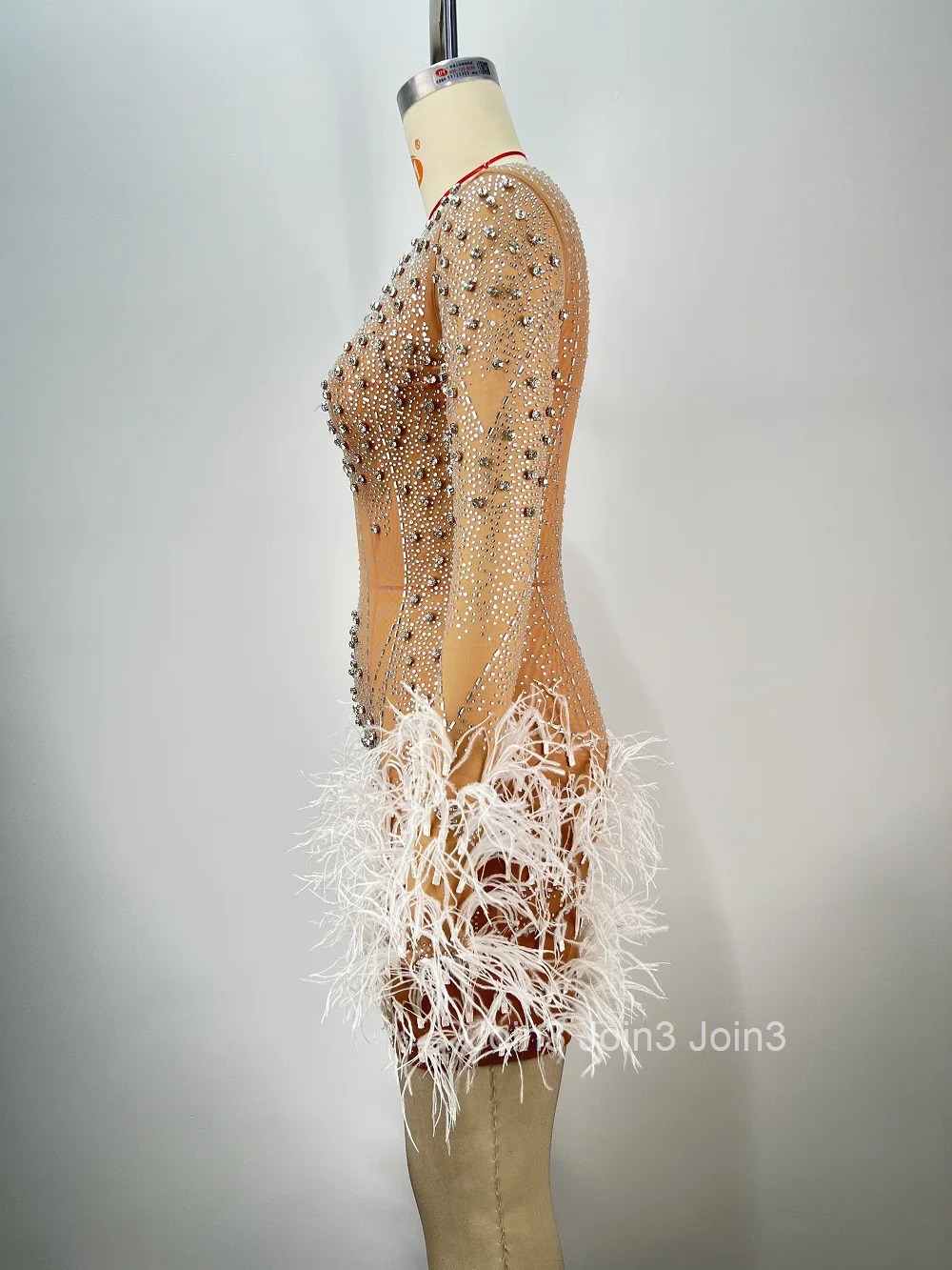 Hot Selling Sexy Perspective Long Sleeved Short Skirt Fashion Nail Diamond Feather Round Neck Dress Stage Performance Costume