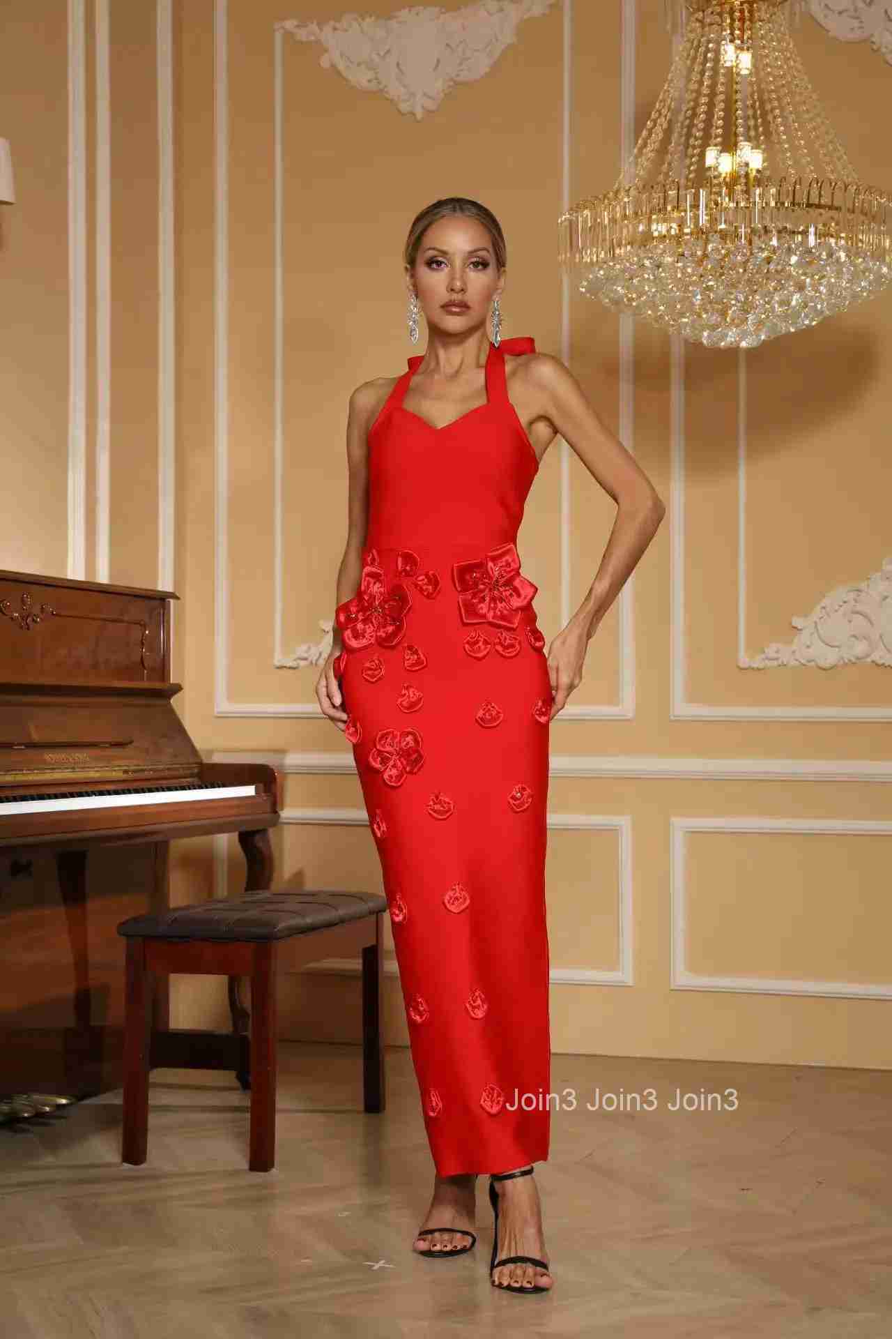 Womens 2 Color Bandage Halter Dress with 3D Flower Embellishments Sexy Red Evening Gown with Long Gloves Prom Party Dress