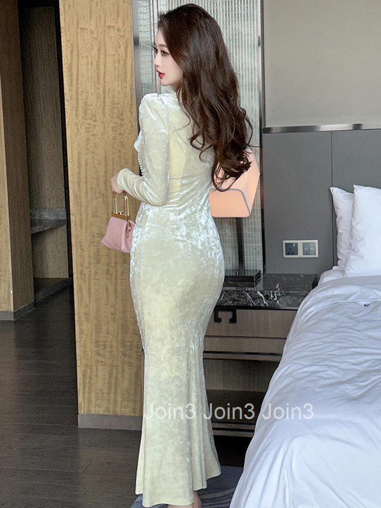 Women Clothes Retro Velvet Pearl Stand Neck Skinny Folds Midi Fishtail Dress Elegant Party Vestido Robe Autumn Winter Casual New