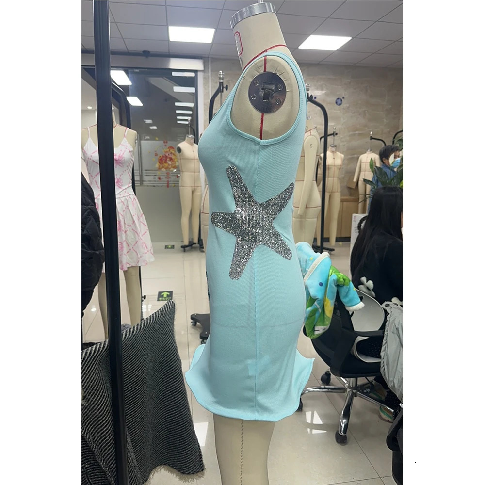 Chic Sparkling Starfish Ruffle Women Y2K Coquette Mini Dresses Elegant Sleeveless Backless Pleated Knit Dress Female Party Robe 250616