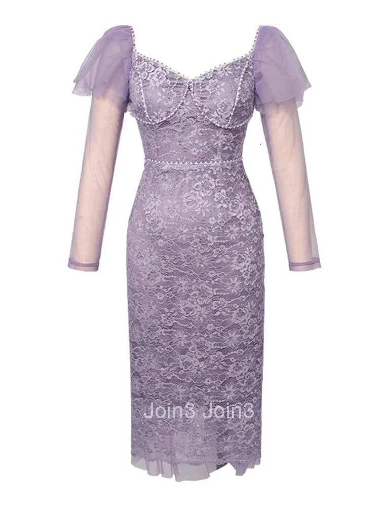 Fashion Spring Autumn Purple Lace Long Skinny Evening Dress Women Clothing Chic Sweet Slim Midi Prom Robe Mujer Ladies Vestidos