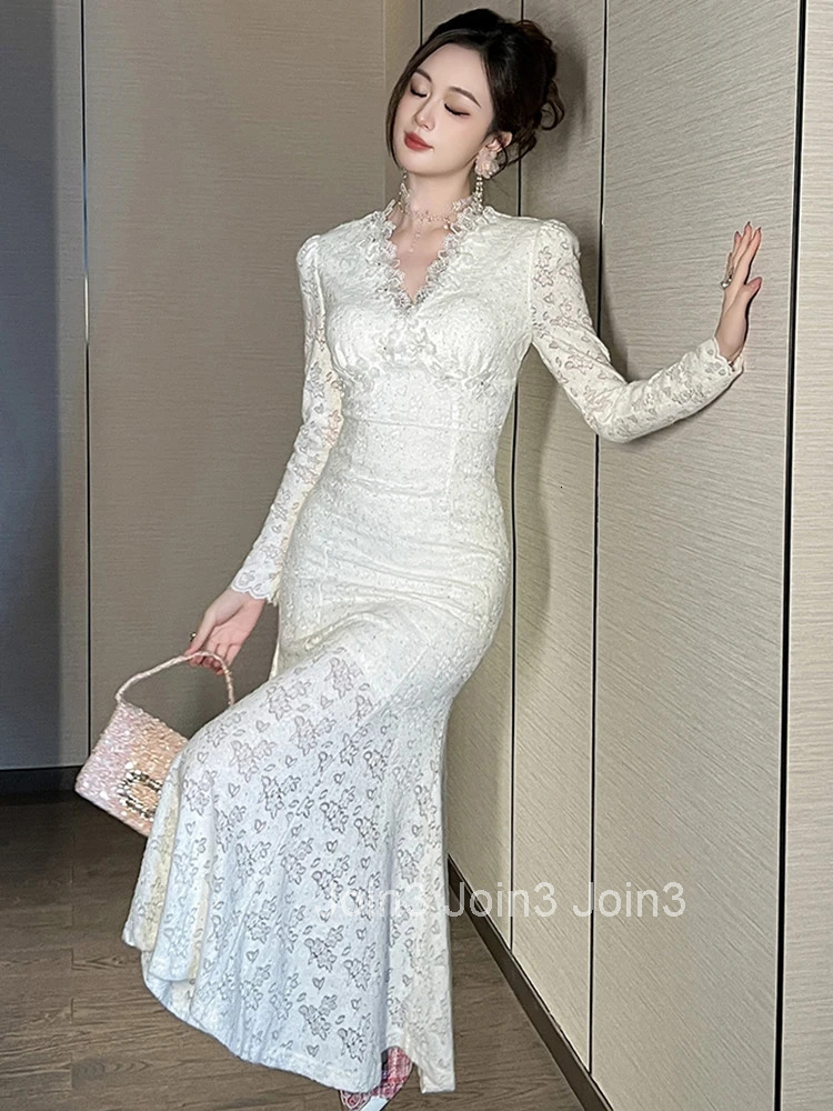 Women Clothes Sweet White Lace Print V-Neck Slim Fishtail Long Dress Elegant Fashion Party Prom Vestidos Robe Autumn Winter New