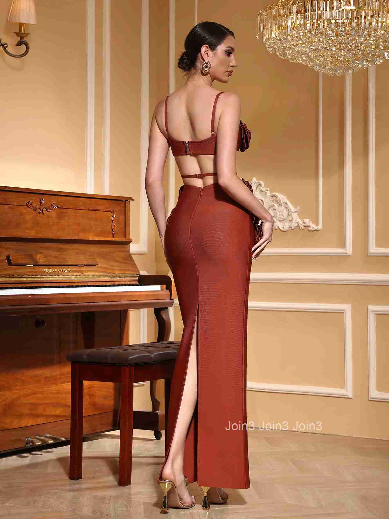 Womens Coffee Color Bandage Dress 3D Rose Crisscross Backless Mermaid Evening Gown High Slit Formal Party Dress