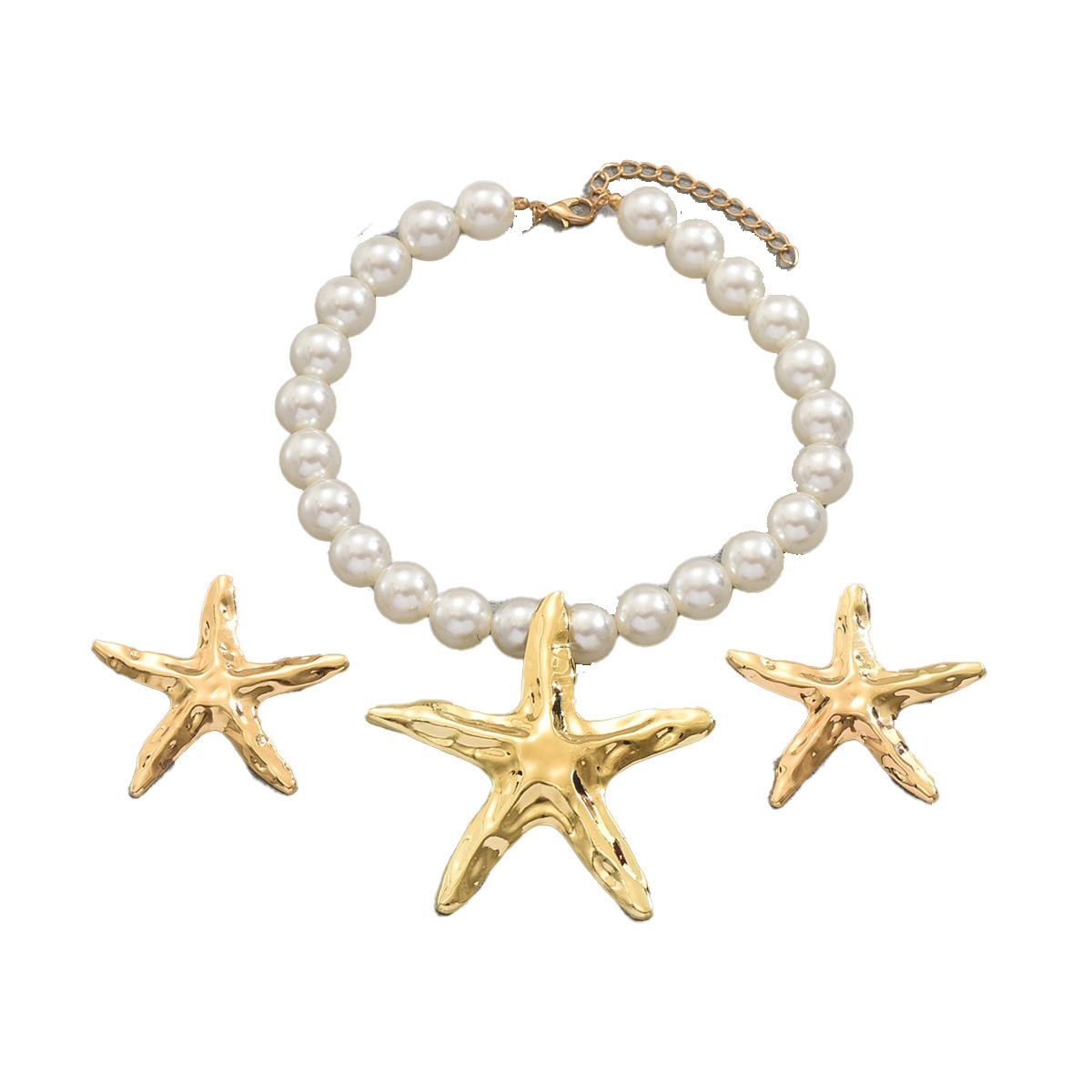 New Women's and Necklace Set, Unique Starfish Pearl Design, Long Clavicle Chain, Earrings