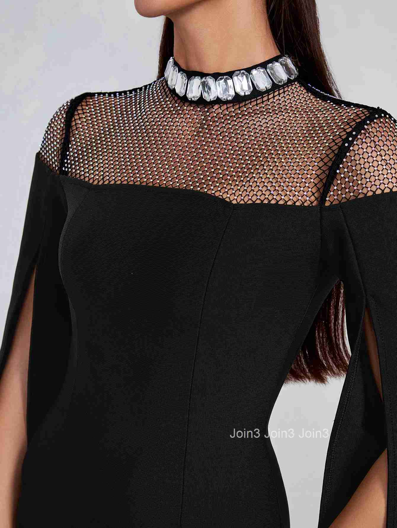 Autumn Newest Bandage Dress Womens Commuting Short Skirt Fashion Mesh Diamond Slit Long Sleeved Elegant Socialite Party Outfit