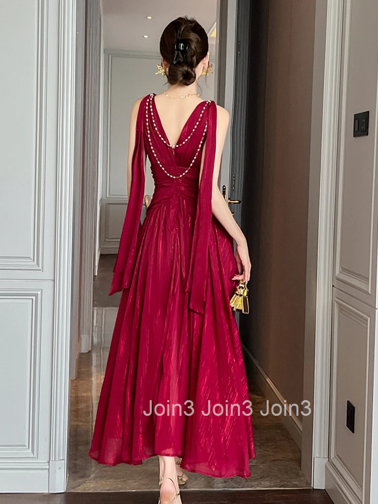 New Summer Chiffon Bright Silk Red Gown Evening Dress Women Clothes Elegant Sexy Tank V-Neck A-Line Maxi Robe Party Prom Vestido