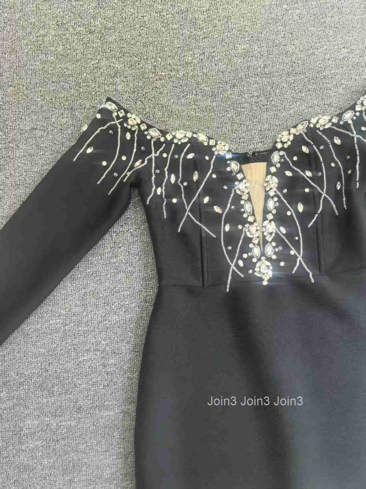 Best-Selling Sexy Black Long-Sleeve Rhinestone Fitted Off-Shoulder Dress for Annual Party Evening Gala Banquet