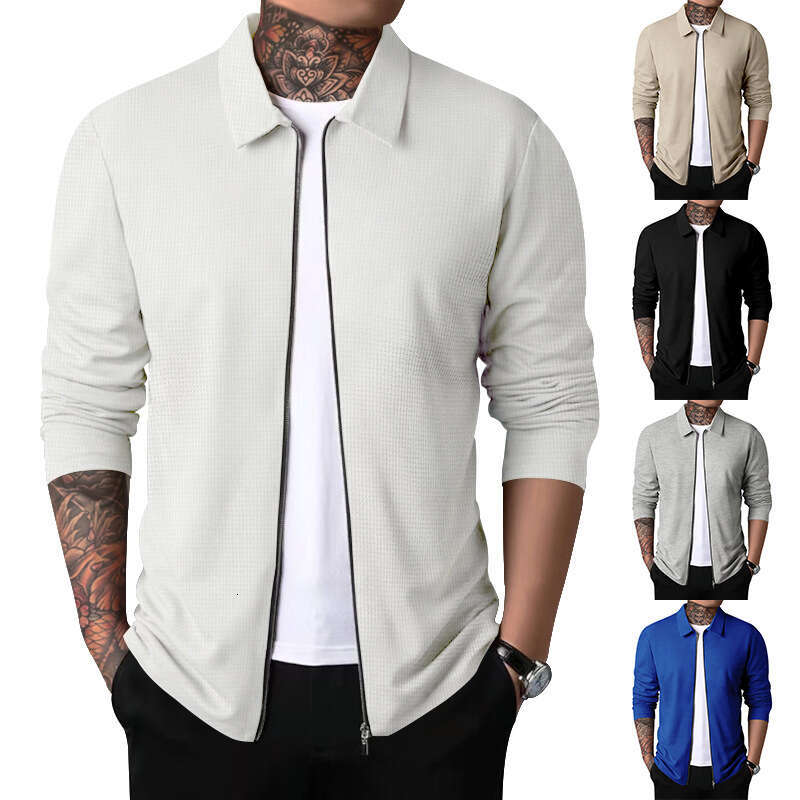 Cross-border Cardigan Men Autumn New Zipper Coat Casual Men's Long Sleeve Turn-down Collar Waffle Jacket