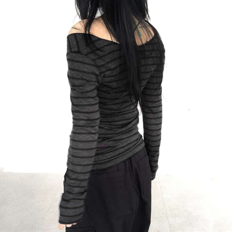 Casual Off-Shoulder Long Sleeve Striped T-Shirt For Women Spring Autumn Y2k Street Style Slim Fit Personality Base Shirt B5
