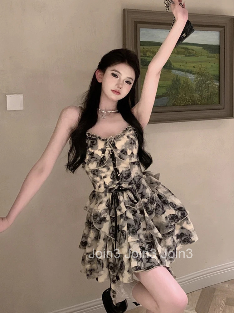 Women Clothes Sweet Floral Sexy Strap Backless Slim Ruffle Mini Short A-Line Dress Fashion Party Prom Vestidos Beach Summer New