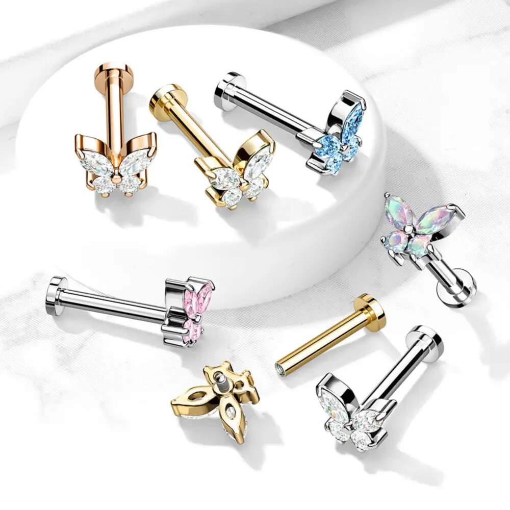 1PCS Butterfly Labret Piercing Lip Stud Cluster Crystal Tragus Earring Flat Cartilage Earrings Zircon Jewelry 250613