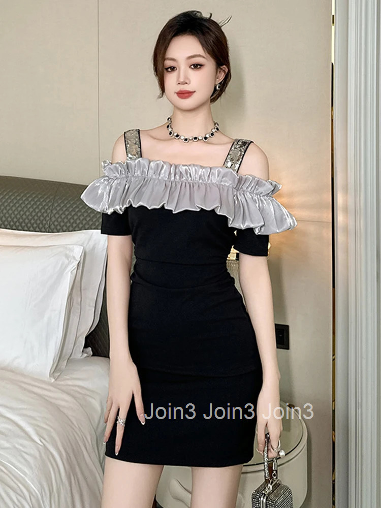 Women Clothes Sweet Ruffle Black Sexy Sequin Sling Folds Slim Short Dress Elegant Fashion Evening Party Prom Vestidos Casual New