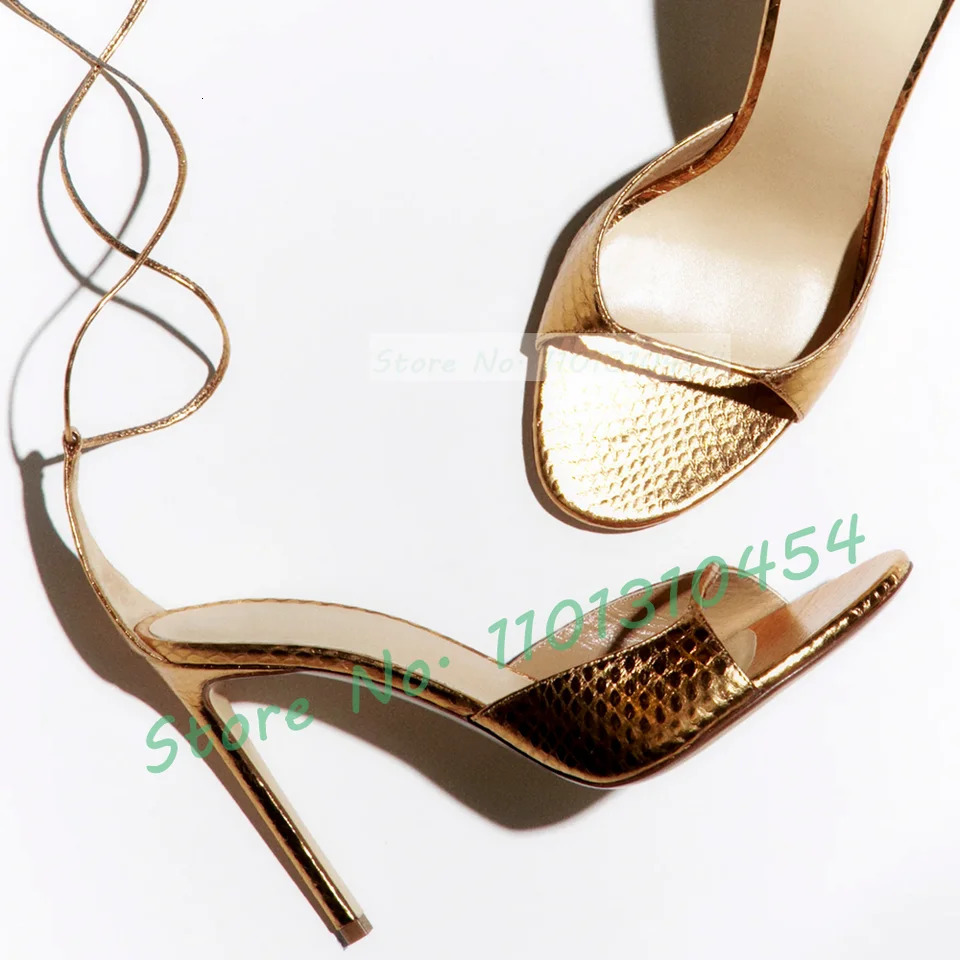Gold Snake Leather Sandals Women Delicate Wrap-around Straps Open Toe Shiny Shoes Summer Ladies est Slender Toe Strap Sandals 250617