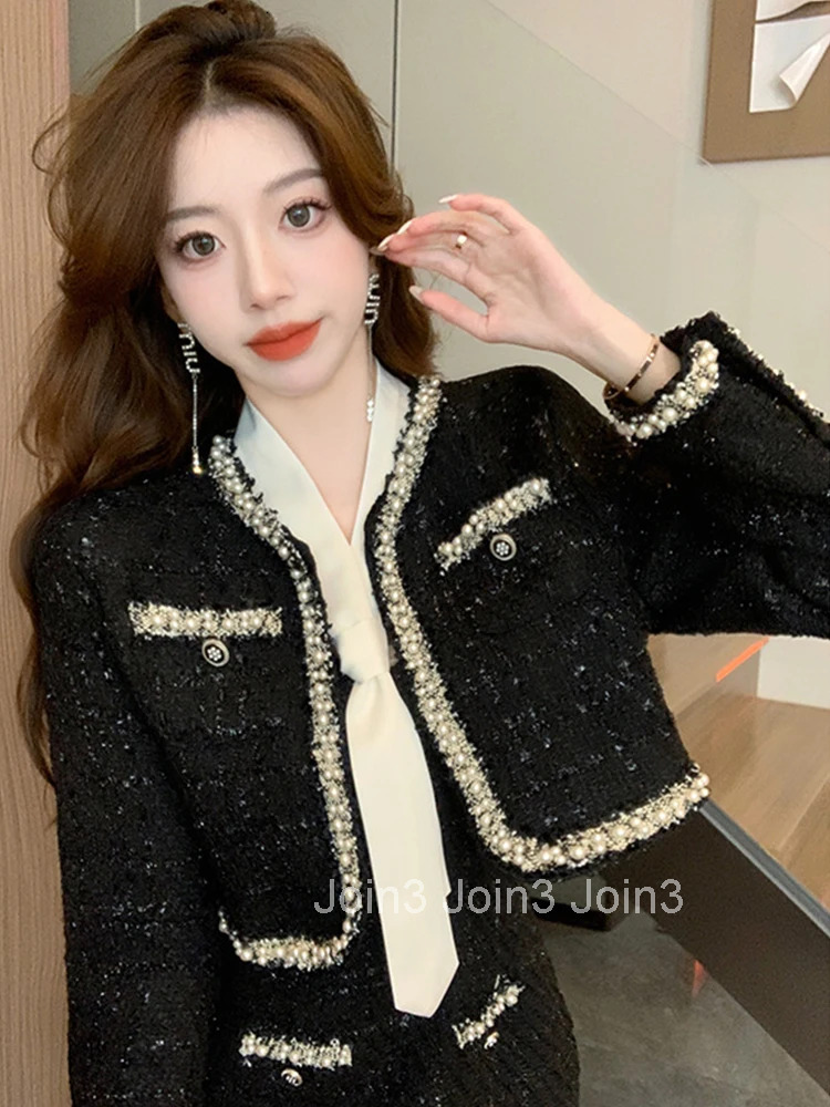 Fashion Ladies Vintage Black Tweed 2 Pieces Outfits Women Clothing Coat Tops Jacket Outwear And Sexy Strap Mini Dress Short Set